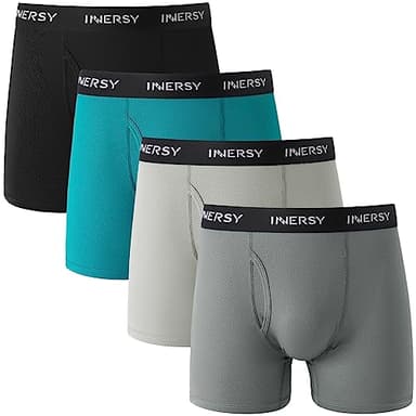 INNERSY Boxers for Men Open Fly Fronts Trunks Underwear Soft Smooth Underpants Multipack 4 (L, Black/Dark Tiffany/Dark Grey/Pale Grey)