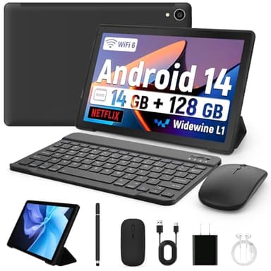 Whitedeer 10 inch Tablet Android 14, 14(4+10) GB+128GB, Octa-Core Tablet, 800 * 1280 HD丨WiFi 6丨BT 5.0丨5000mAh丨5MP+8MP, Widevine L1, Tablet with Keyboard丨Mouse丨Stylus丨Tablet Case丨 Headphone(Black)