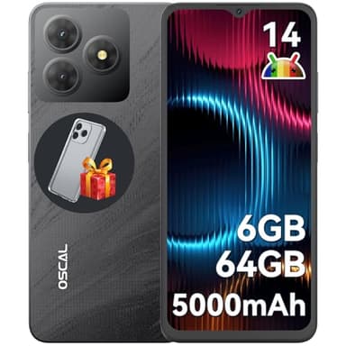 OSCAL FLAT 2C Mobile Phones Android 14 Phone(2025), 6GB +64GB/2TB Octa Core, 6.56" Display Cheap Phone, 5000mAh Battery, 13MP Main Camera, 4G Dual SIM Free Unlocked, FaceID, OTG, GPS, 3 Slots-Black
