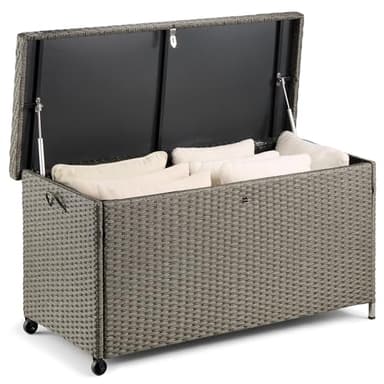 VonHaus Rattan Garden Storage Box 290L - Outdoor Cushion Storage Box with Wheels - Grey Deck Box with Easy Carry Handles - Weatherproof Garden Storage Container with Reinforced Hinged Lid for Patio