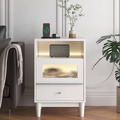 cointwo Modern White Bedside Table with Charging Station, Glass Drawers, and LED Lights - Stylish Wood Nightstand for Bedroom - 40×35×60CM