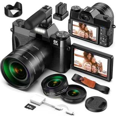 6K 64MP Digital Cameras for Photography and Vlogging with WIFI, 64GB TF Card, 16X Digital Zoom Portable Compact Photo Camera with Microphone, Macro & Wide-Angle Lens for YouTube, Travel, Beginners