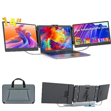 Kwumsy Laptop Screen Extender Monitor, 14'' Triple Portable Monitor Laptop Monitor Extender Dual Screen, Portable Monitor Compatible With Windows/Mac/Chrome, For 13'' -17.3'' Max Width 405mm Laptops.