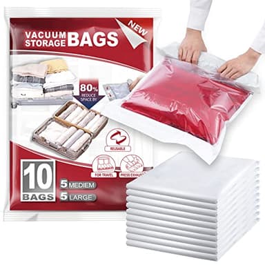 TAILI Roll Up Vacuum Storage Bags for Clothes Travel 10 Packs 5 Large, 5 Medium Reusable Storage Bags Saves 80% of Space No Need Vacuum Machine or Pumpfor for Travel, Clothes, Bedding, Moving