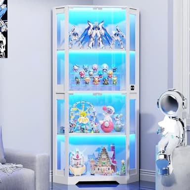 BROTTAR 4 Shelf Corner Display Cabinets with Glass Doors, 65" Tall Bookcase with Lights/Human Sensor, Display Case with Magnetic Lock for Storage Collectables Bedroom Living Room Office, White