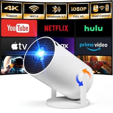 [Built-in Apps] Mini Projector with WIFI 6 and Bluetooth, 4K 1080P Support Portable Projector 180° Rotatable 130'' Screen Movie Projector Auto Keystone Compatible for Laptop, PC, Smartphone