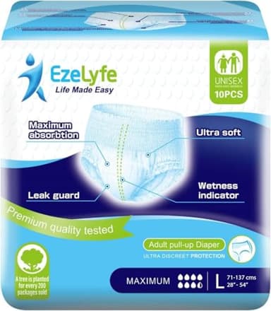 EzeLyfe Premium Adult Incontinence Pants Pull Up Diaper for Men and Women, Maximum Absorption, Ultra Soft, Anti-Leak Security, Breathable (L (Pack of 10))