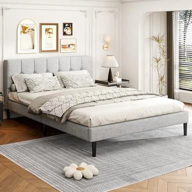 viplov Queen Size Platform Bed Frame with Upholstered Headboard, Mattress Foundation with Wooden Slats Support, Easy Assembly, No Box Spring Needed, Light Grey