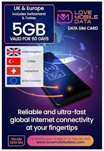 Love Mobile Data Only Sim Card - International Multi-Network 4G/5G Prepaid Pay As You Go Data Sim for Mobile Phones, WiFi Routers, & More, Europe, UK, Switzerland & Turkey Coverage, 5GB for 60 Days
