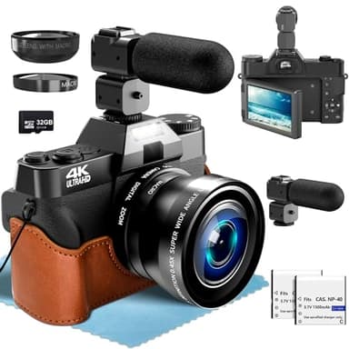 Digital Camera 4K with External Adjustable Microphone, 56MP Vlogging Camera for YouTube and Video, 52mm Wide Angle & Macro Lens, with 180° Flip Screen,18X Digital Zoom, 2 Batteries, 32GB TF Card