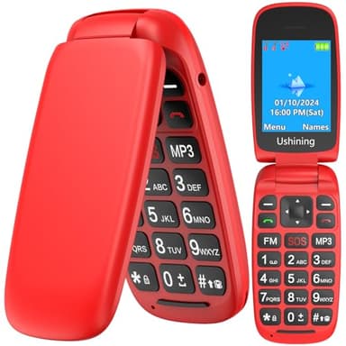 USHINING Unlocked GSM Flip Mobile Phone Big Button Easy to Use,SIM Free Pay as You Go Phones,Classical & Durable (Red)
