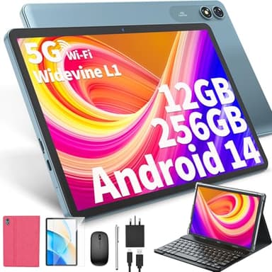 JJGJ 10 inch Android Tablet, Android 14 Tablet with Keyboard, 12GB+256GB, 1TB Expand, 8-Core, 8000mAh, 5G WiFi, Widevine L1, GMS, with Keyboard, Mouse, Stylus(Pink)