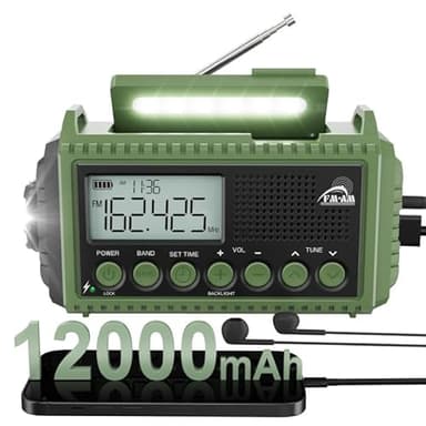 ROCAM Wind Up Radio with AM/FM/SW, 12000mAh Emergency Solar Radio with SOS Alarm, Wind Up Torch with Rechargeable Battery and Type-c Charger, Headphone Jack, IPX6 Waterproof, Portable