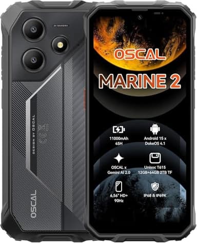 OSCAL Marine 2 Rugged Smartphone (2025),11000mAh(18W) Rugged Phone Unlocked, Android 15 Gaming Phone,Gemini AI,IP69K Protection, NFC,6.56" HD,90HZ,12(4+8)+64GB/2TB Expand,Dual SIM/1TF Slots,Black