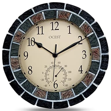 OCEST 10.5 Inch Garden Clock Outdoor Waterproof, Thermometer Silent Non-ticking Battery Operated Wall Clocks Retro Decorative for Pool, Kitchen, Patio
