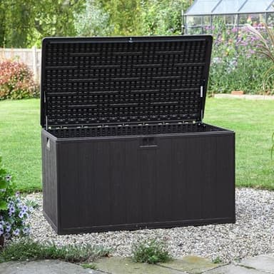 Garden Gear 492L Garden Storage Box – Durable, Rigid Double-Walled Design, Waterproof, Lockable, Hydraulic Pistons, Soft-Close Mechanism & Stylish Wood-Effect Finish
