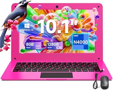 HOARDER 10.1" Mini Laptop for Kids & Students - Windows 10, Intel Celeron N4000, 8GB RAM, 128GB SSD (Expandable), WiFi, Bluetooth, Portable Lightweight Computer for Girls - Rose Pink