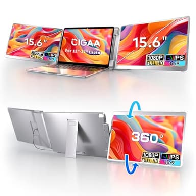CIGAA 15.6" Triple Monitor Laptop Screen Extender - FHD 1080P 16:9 Laptop Monitor Extender, Left Screen 360° Flip Portable Monitor for 12-17" Laptops with HDMI/USB - C, Plug & Play