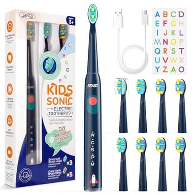 Seago Kids Electric Toothbrush 3 5 6 8 9 10 12, Childrens Rechargeable Battery Toothbrushes with Funny DIY Stickers, 2 Mins Timer, 8 Replacement Brush Heads, for Boys Girls Teenagers, SG2303(Blue)