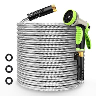 Takuvan Metal Garden Hose 100ft Flexible Water Hose Stainless Steel Heavy Duty Lightweight Durable Strong Kink Free Extra Long Hose Pipe with 10 Way Nozzle for Outdoor Outside Lawn Yard