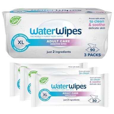 WaterWipes Adult Care Sensitive Body & Intimate Hygiene Wipes, 90 Wipes (3 Packs), Extra Large Textured, 99.9% Water-Based, For Everyday Personal Uses