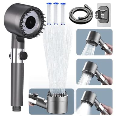 ButterFox High Pressure Shower Heads, Hard Water Filter Shower Head with 1.5M Shower Hose and Shower Stand, 4 Mode Handheld Pressurized Shower Head with Pause Switch, Massage Water Saving Large Shower