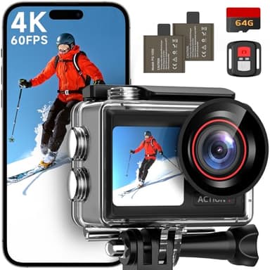 syndesmos Action Camera 4K 60FPS, 40M Ultra HD Underwater Camera, 30MP EIS Anti-Shake WiFi Action Cam with Dual Touch Screen, 64GB Card, Remote Control, Waterproof Case and Mounting Accessories Kit