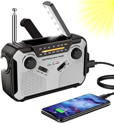 Solar Radio, AM/FM Portable Crank Radio, Dynamo Emergency Radio with 4000 mAh Rechargeable Battery, LED Torch, SOS Alarm for Camping, Outdoor, Emergency (03)