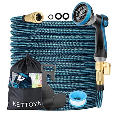 KETTOYA 100FT Expandable Garden Hose, Flexible Water Hose with 10-Pattern Spray Nozzle, Leak-proof Retractable Heavy Duty Hose Pipe, 4-layer Latex Core, Durable 3750D, Brass Alloy Connector, Kink-Free