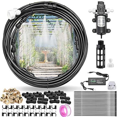 CozyCabin Outdoor Misting Cooling System with Pump - 40ft (12m) Misting Line with Filter + 6 Brass Mist Nozzles (3/4") for Patio Garden Greenhouse Watering Distribution System (40FT)